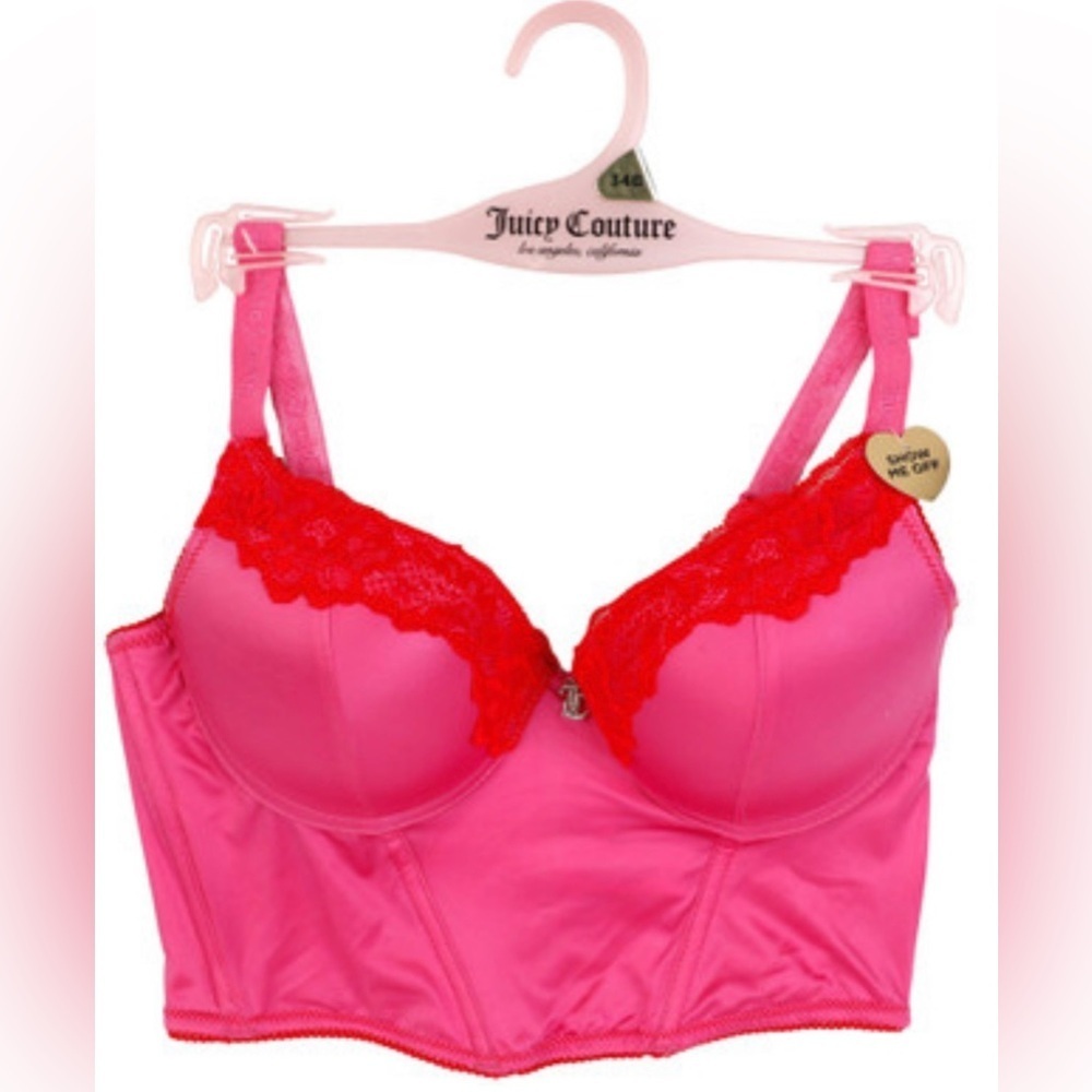 🩷❤️Juicy Couture 34B Bra Corset Push Up Hot Pink Red Satin Lace Underwire-NWT🩷❤️